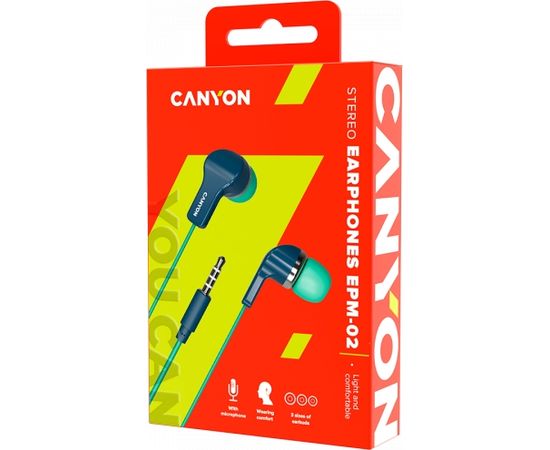 CANYON EPM-02, Stereo Earphones with inline microphone, Green+Blue, cable length 1.2m, 20*15*10mm, 0.013kg