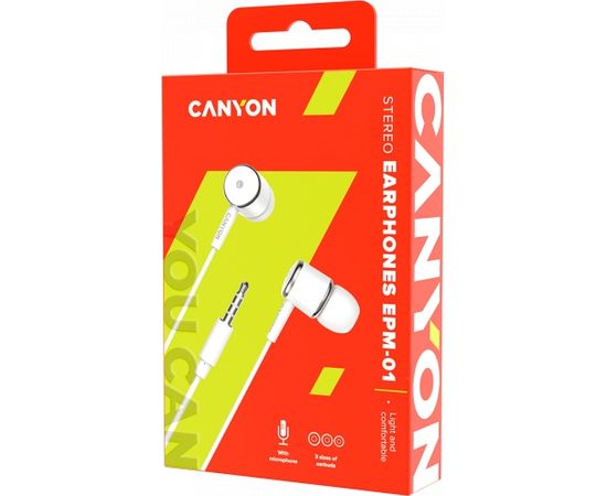 CANYON EPM-01, Stereo earphones with microphone, White, cable length 1.2m, 23*9*10.5mm,0.013kg