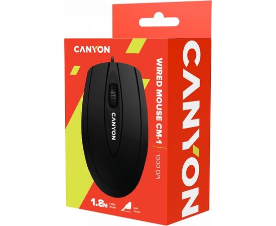 CANYON CM-1, wired optical Mouse with 3 buttons, DPI 1000, Black, cable length 1.8m, 100*51*29mm, 0.07kg