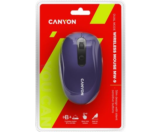 CANYON MW-9, 2 in 1 Wireless optical mouse with 6 buttons, DPI 800/1000/1200/1500, 2 mode(BT/ 2.4GHz), Battery AA*1pcs, Violet, silent switch for right/left keys, 65.4*112.25*32.3mm, 0.092kg