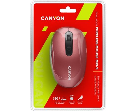 CANYON MW-9, 2 in 1 Wireless optical mouse with 6 buttons, DPI 800/1000/1200/1500, 2 mode(BT/ 2.4GHz), Battery AA*1pcs, Red, silent switch for right/left keys, 65.4*112.25*32.3mm, 0.092kg