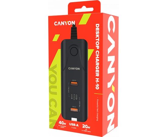 CANYON H-10, Wall charger. CNE-CHA10B Input: 100-240V~50/60Hz 1.0A Max Output1/Output2: DC USB-A QC3.0 5.0V/3.0A,9.0V/2.0A,12.0V/1.5A 18.0W(Max)USB-C PD 5.0V/3.0A,9.0V/2.22A,12.0V/1.67A 20.0W(Max)USB-A+C 5.0V/3.0A 15.0W(Max)Total Power: 40.0W