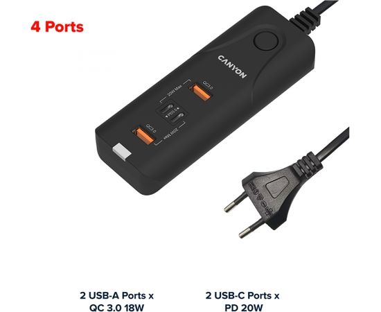 CANYON H-10, Wall charger. CNE-CHA10B Input: 100-240V~50/60Hz 1.0A Max Output1/Output2: DC USB-A QC3.0 5.0V/3.0A,9.0V/2.0A,12.0V/1.5A 18.0W(Max)USB-C PD 5.0V/3.0A,9.0V/2.22A,12.0V/1.67A 20.0W(Max)USB-A+C 5.0V/3.0A 15.0W(Max)Total Power: 40.0W