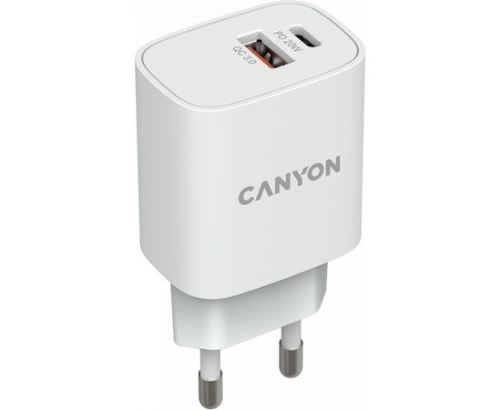 CANYON H-20-04, PD 20W/QC3.0 18W WALL Charger with 1-USB A+ 1-USB-C   Input: 100V-240V, Output: 1 port charge: USB-C:PD 20W (5V3A/9V2.22A/12V1.67A) , USB-A:QC3.0 18W (5V3A/9V2.0A/12V1.5A), 2 port charge: common charge,  total 5V, 3A, Eu plug  , Over- Volt