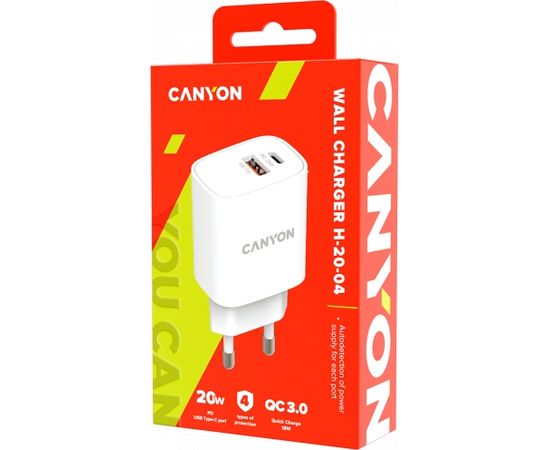 CANYON H-20-04, PD 20W/QC3.0 18W WALL Charger with 1-USB A+ 1-USB-C   Input: 100V-240V, Output: 1 port charge: USB-C:PD 20W (5V3A/9V2.22A/12V1.67A) , USB-A:QC3.0 18W (5V3A/9V2.0A/12V1.5A), 2 port charge: common charge,  total 5V, 3A, Eu plug  , Over- Volt