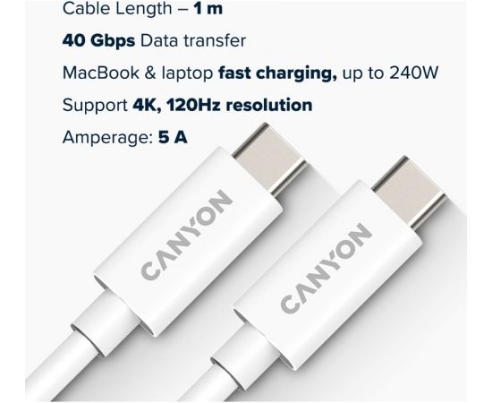 CANYON UC-44, cable, U4-CC-5A1M-E, USB4 TYPE-C to TYPE-C cable assembly 40G 1m 5A 240W(ERP) with E-MARK, CE, ROHS, white