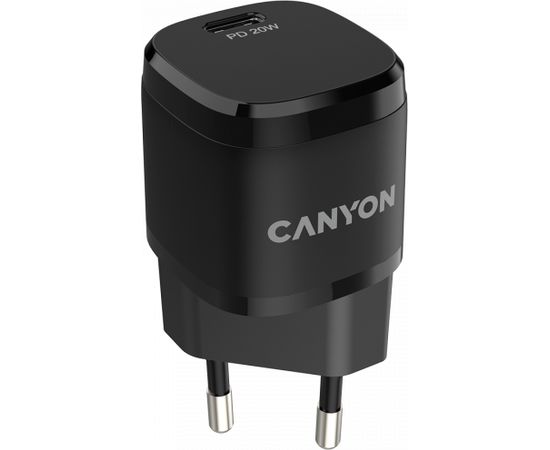 CANYON H-20-05, PD 20W Input: 100V-240V, Output: 1 port charge: USB-C:PD 20W (5V3A/9V2.22A/12V1.66A) , Eu plug, Over- Voltage ,  over-heated, over-current and short circuit protection Compliant with CE RoHs,ERP. Size: 68.5*29.2*29.4mm, 32.5g, Black