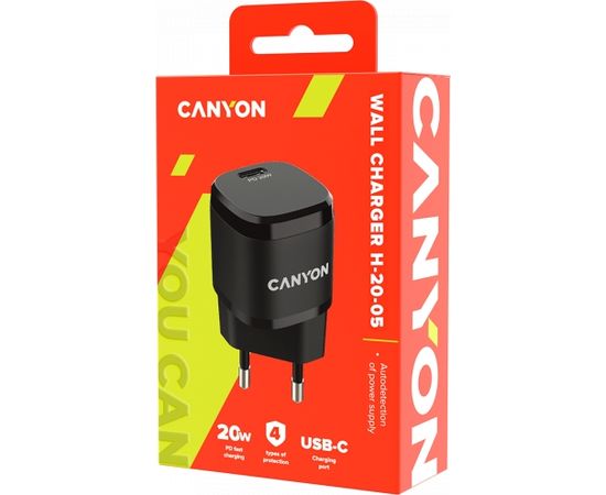 CANYON H-20-05, PD 20W Input: 100V-240V, Output: 1 port charge: USB-C:PD 20W (5V3A/9V2.22A/12V1.66A) , Eu plug, Over- Voltage ,  over-heated, over-current and short circuit protection Compliant with CE RoHs,ERP. Size: 68.5*29.2*29.4mm, 32.5g, Black