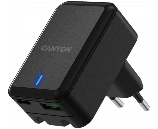 CANYON H-20Т, PD 20W/QC3.0 18W WALL Charger with 1-USB A+ 1-USB-C Input: 100V-240V, Output: 1 port charge: USB-C:PD 20W (5V3A/9V2.22A/12V1.67A) , USB-A:QC3.0 18W (5V3A/9V2.0A/12V1.5A), 2 port charge: common charge, total 5V, 3.4A
