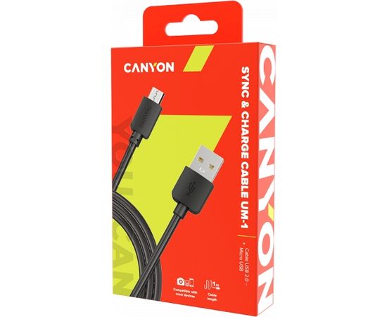 CANYON UM-1, Micro USB cable, 1M, Black, 15*8.2*1000mm, 0.018kg