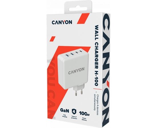 CANYON H-100, GAN 100W charger  Input:  100V-240V Output: USB-C1/C2: 5V 3A , 9V 3A , 12V 3A , 15V 3A , 20V 5A  USB-A 1/A2: 4.5V/5A, 5V/4.5A, 9V/3A, 12V/2.5A,  20V/1.5A  C1+C2 : 65W + 30W； C1+A1 : 65W + 30W ； C1+A2 : 65W + 30W ；C1+A1+A2 : 65W +