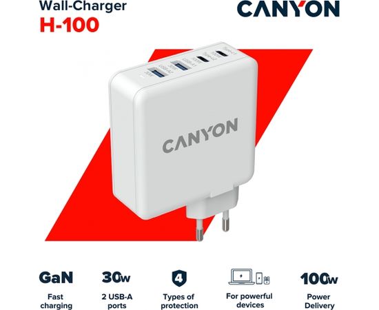 CANYON H-100, GAN 100W charger  Input:  100V-240V Output: USB-C1/C2: 5V 3A , 9V 3A , 12V 3A , 15V 3A , 20V 5A  USB-A 1/A2: 4.5V/5A, 5V/4.5A, 9V/3A, 12V/2.5A,  20V/1.5A  C1+C2 : 65W + 30W； C1+A1 : 65W + 30W ； C1+A2 : 65W + 30W ；C1+A1+A2 : 65W +