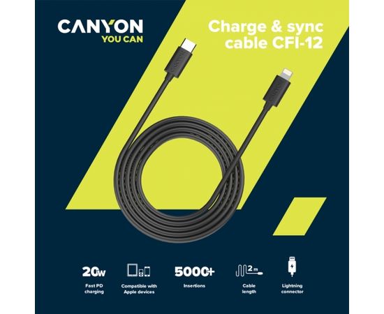 CANYON СFI-12, cable Type C to lightning ,5V3A, 9V2.22A ,PD20W, power cord:18AWG*4C, Signal cord:28AWG*4C, data transfer speed:30M/s, OD4.5MM,2M, PVC, black, Rohs