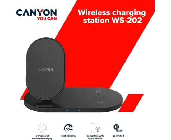 CANYON WS-202, 2in1 Wireless charger, Input 5V/3A, 9V/2.67A, Output 10W/7.5W/5W, Type c cable length 1.2m, PC+ABS,with PU part ,180*86*111.1mm, 0.185Kg,Black