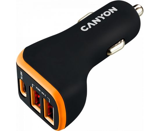 CANYON C-08, Universal 3xUSB car adapter, Input 12V-24V, Output DC USB-A 5V/2.4A(Max) + Type-C PD 18W, with Smart IC, Black+Orange with rubber coating, 71*39*26.2mm, 0.028kg