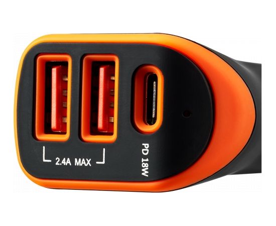 CANYON C-08, Universal 3xUSB car adapter, Input 12V-24V, Output DC USB-A 5V/2.4A(Max) + Type-C PD 18W, with Smart IC, Black+Orange with rubber coating, 71*39*26.2mm, 0.028kg