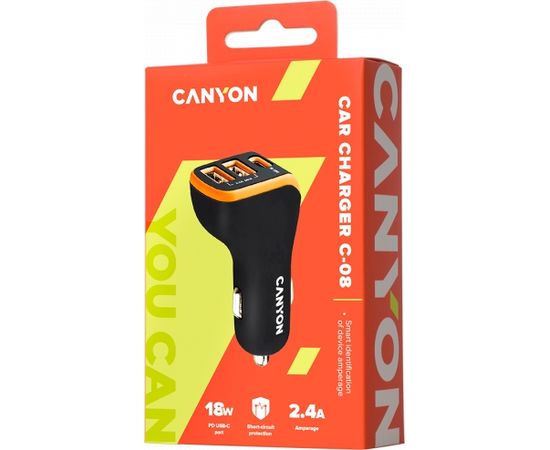 CANYON C-08, Universal 3xUSB car adapter, Input 12V-24V, Output DC USB-A 5V/2.4A(Max) + Type-C PD 18W, with Smart IC, Black+Orange with rubber coating, 71*39*26.2mm, 0.028kg