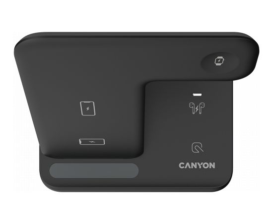 CANYON WS-302, 3in1 Wireless charger, with touch button for Running water light, Input 9V/2A,12V/1.5A  Output 15W/10W/7.5W/5W, Type c to USB-A cable length 1.2m,with QC18W EU plug 137*103*140mm, 0.22Kg, Black