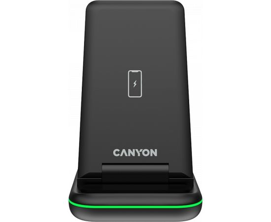 CANYON WS-304, Foldable  3in1 Wireless charger, with touch button for Running water light, Input 9V/2A,  12V/1.5AOutput 15W/10W/7.5W/5W, Type c to USB-A cable length 1.2m, with QC18W EU plug,132.51*75*28.58mm, 0.168Kg, Black