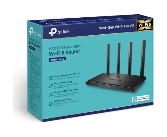 TP-LINK Wi-Fi 6 Router  Archer AX12 802.11ax, 300+1201 Mbit/s, 10/100/1000 Mbit/s, Ethernet LAN (RJ-45) ports 3, MU-MiMO No, Antenna type External