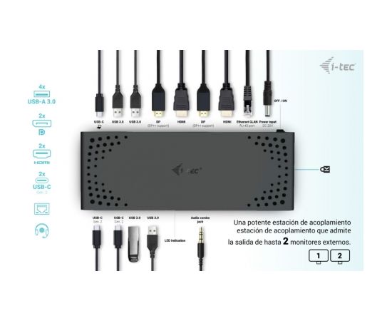 I-TEC USB 3.0/USB-C/Thunderbolt 3 Dualdock 1x5K 2x4K 60Hz 2xDP 2xHDMI 1xGLAN 4xUSB 3.2 2xUSB-C 3.2 Gen.2 1xAudio/Mic Jack PD 100W KL