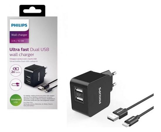 Tīkla lādētājs Philips DLP2307 2x USB-A 3 A (28689)