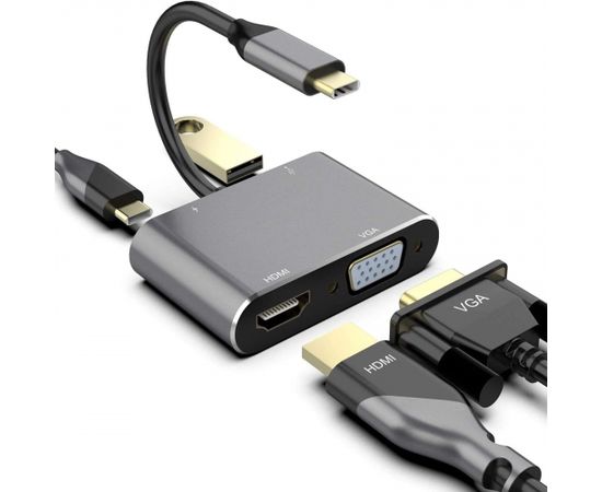 RoGer USB-C Multimediju adapteris HDMI 4K@30Hz / VGA 1080p / USB 3.0 / USB-C PD / Peleks