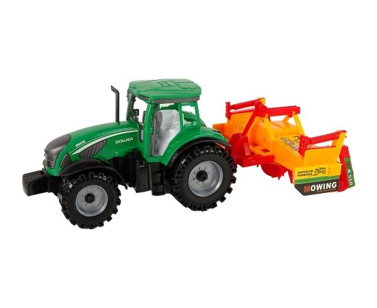 Zaļš traktors ar oranžu kultivatoru