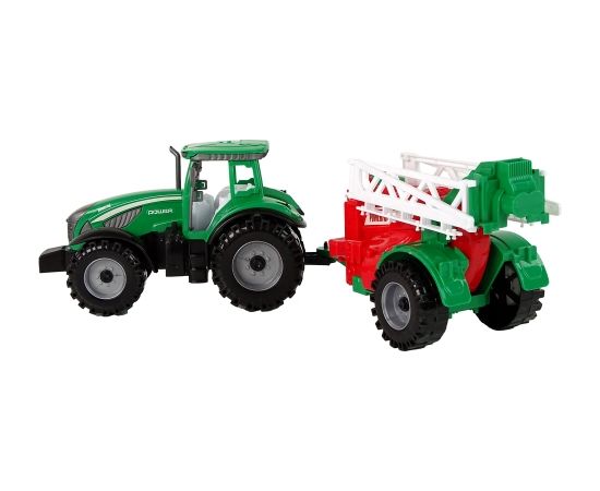 Zaļš lauksaimniecības traktors ar sarkanu un zaļu smidzinātāju