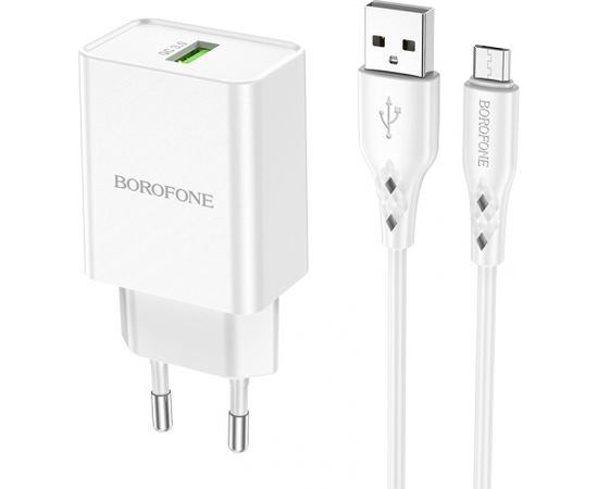 Borofone BN5 tālruņa lādētājs | USB | Quck Charge 3.0 | 18W | + Micro USB kabelis, balts