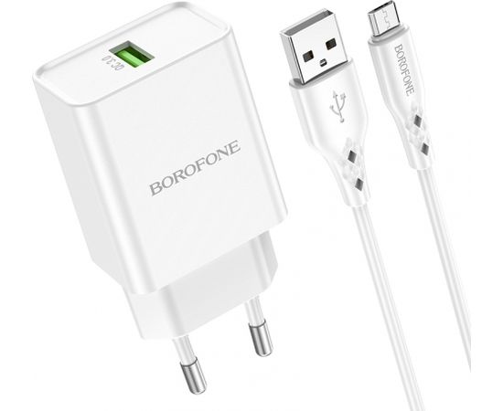 Borofone BN5 tālruņa lādētājs | USB | Quck Charge 3.0 | 18W | + Micro USB kabelis, balts