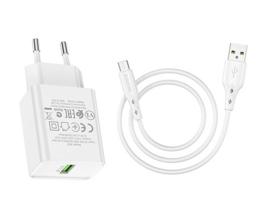 Borofone BN5 tālruņa lādētājs | USB | Quck Charge 3.0 | 18W | + Micro USB kabelis, balts