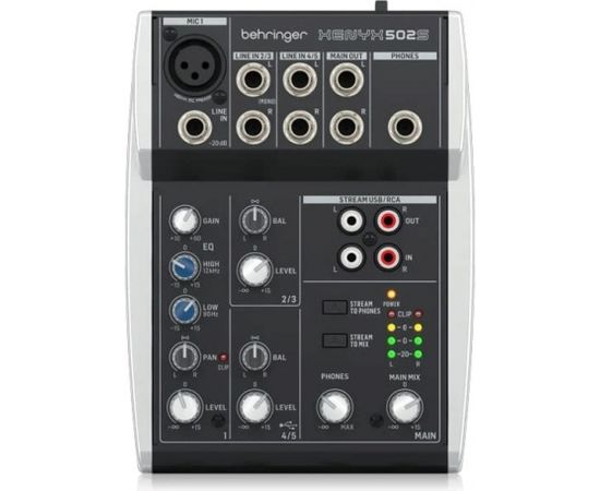 Behringer 502S - 5-kanałowy kompaktowy mikser analogowy z interfejsem USB zaprojektowany specjalnie do obsługi podcastów, streamowania oraz nagrywania w domu