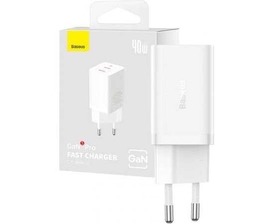 Wall Charger Baseus GaN5 40W, 2x USB C (White)