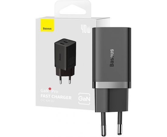 Wall Charger Baseus GaN5 40W, 2x USB C (Black)