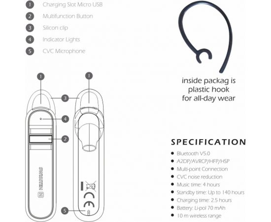 Swissten Eco Friendly Caller Bluetooth 5.0 HandsFree Austiņa ar Funkciju MultiPoint / CVC Noise Reduction Bluetooth austiņas