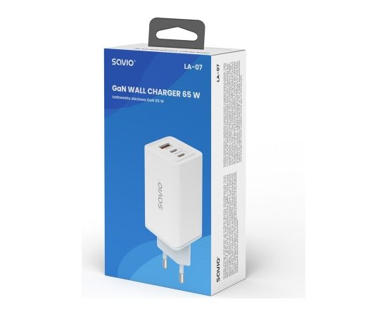 SAVIO LA-07 GaN 65W mains charger, USB, QC4.0+, PD 3.0, White