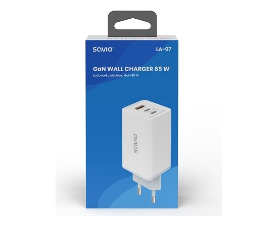 SAVIO LA-07 GaN 65W mains charger, USB, QC4.0+, PD 3.0, White