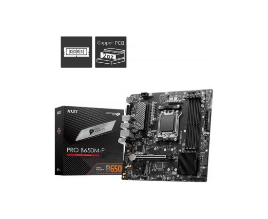 Mainboard|MSI|AMD B650|SAM5|Micro-ATX|Memory DDR5|Memory slots 4|2xPCI-Express 1x|1xPCI-Express 16x|2xM.2|1x15pin D-sub|1xHDMI|1xDisplayPort|4xUSB 2.0|4xUSB 3.2|1xPS/2|1xRJ45|3xAudio port|PROB650M-P