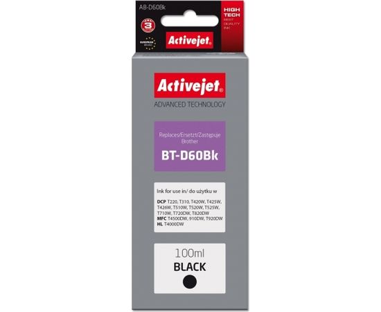 Activejet AB-D60BK ink (replacement Brother BT-D60BK; Supreme; 100 ml; black)