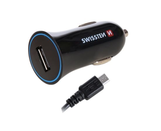 Swissten Премиум Автомобильная зарядка 12 / 24V / 1A + кабель Micro USB  1,5m Черная