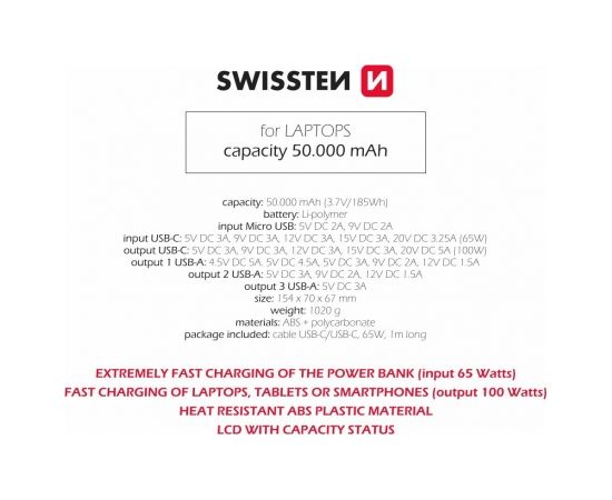 Swissten Power Line Power Bank Ārējas Uzlādes Baterija 50 000 mAh / 100W