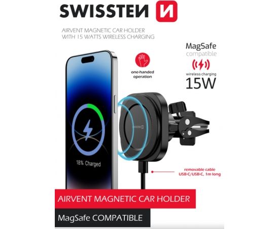 Swissten Magstick Auto Turētājs ar Bezvadu Lādētāju 15W