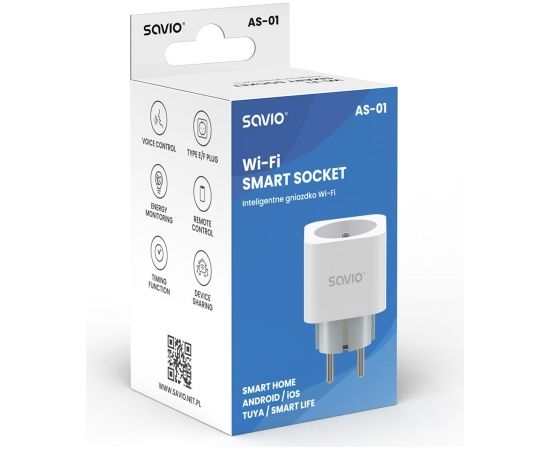 SAVIO WI-FI smart socket, 16A, AS-01, White