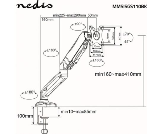 NEDIS MMSISGS110BK Galda monitora stiprinājums 15–32" | VESA 75 x 75 / 100 x 100 | 8 kg