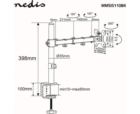NEDIS MMSIS110BK Galda monitora stiprinājums 15–32"| VESA 75 x 75 / 100 x 100 | 8 kg