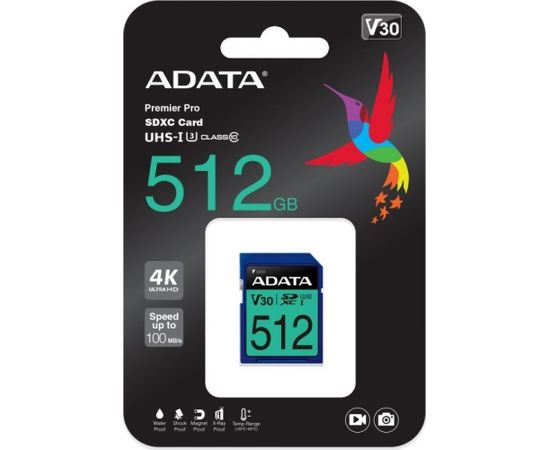 ADATA Premier Pro 512GB SDXC memory card (UHS-I (U3), Class 10, V30)