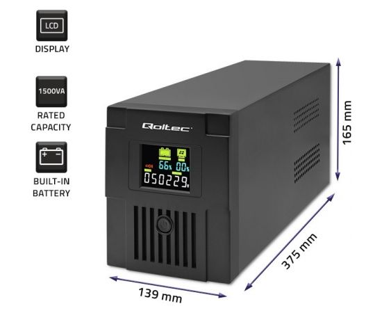 Qoltec 53770 Uninterruptible Power Supply Line Interactive | Monolith | 1500VA | 900W | LCD | USB