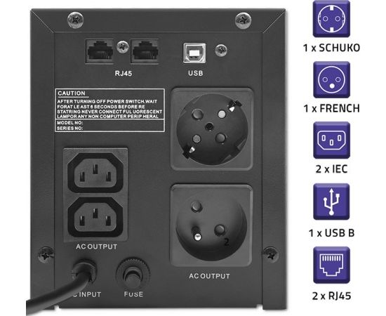 Qoltec 53770 Uninterruptible Power Supply Line Interactive | Monolith | 1500VA | 900W | LCD | USB