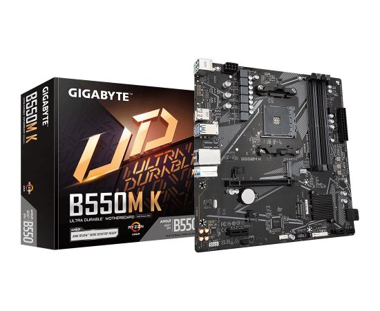 Gigabyte B550M K 1.0 M/B Processor family AMD, Processor socket AM4, DDR4 DIMM, Memory slots 4, Supported hard disk drive interfaces 	SATA, M.2, Number of SATA connectors 4, Chipset AMD B550, Micro ATX